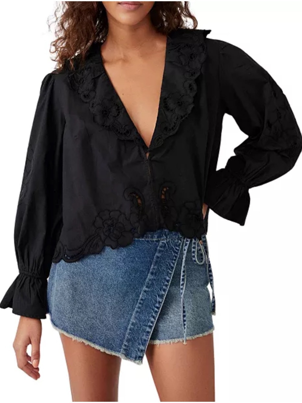 Free People Maisie Cutwork Top Black XS NWOT Lace Button Front Boho Cottage $98